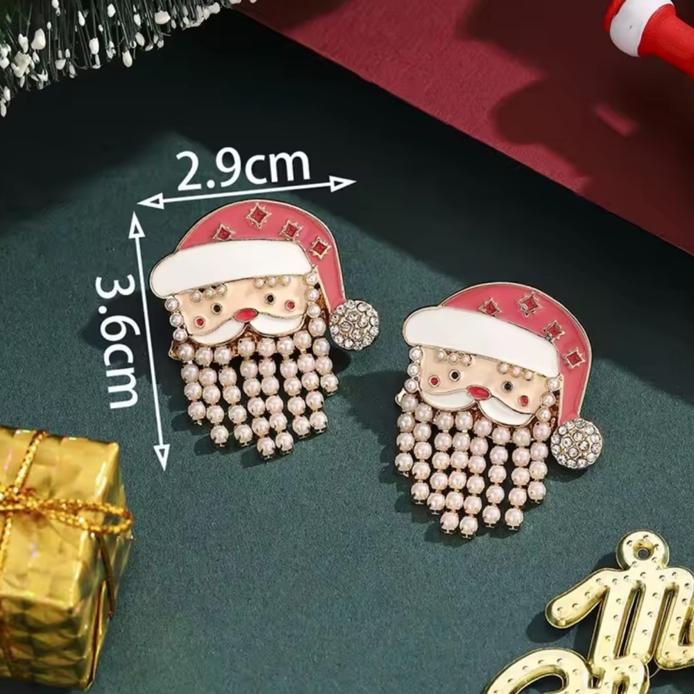 Christmas Santa Claus Pearl Fringe Earrings – Festive Holiday Jewelry - Picture 2 of 5